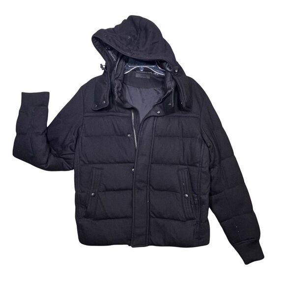 Uniqlo Down Puffer Jacket Womens Small Black Wool Blend Hooded Winter Coat Warm - Picture 2 of 13